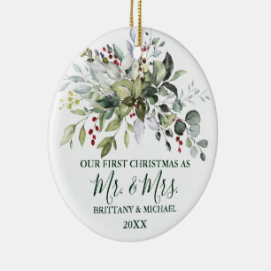 Watercolor Greenery Christmas Berries PHOTO BACK Ceramic Tree Decoration