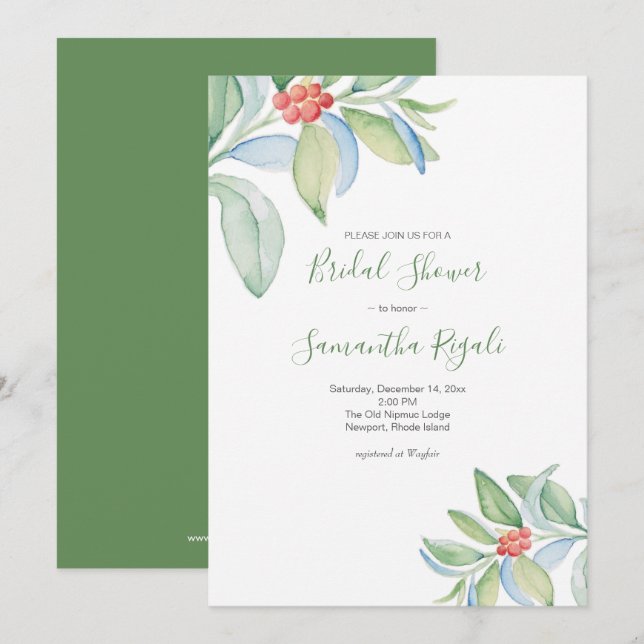 Watercolor Greenery Christmas Bridal Shower Invitation (Front/Back)