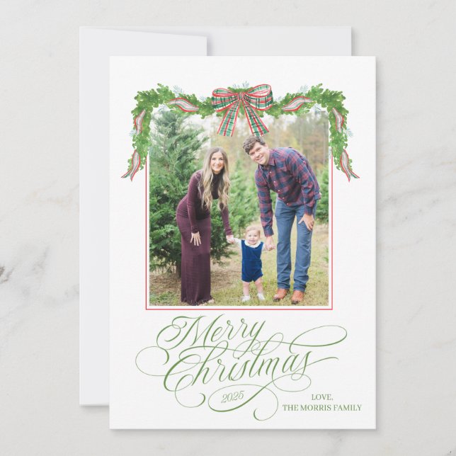 Watercolor Greenery Christmas Photo Card (Front)