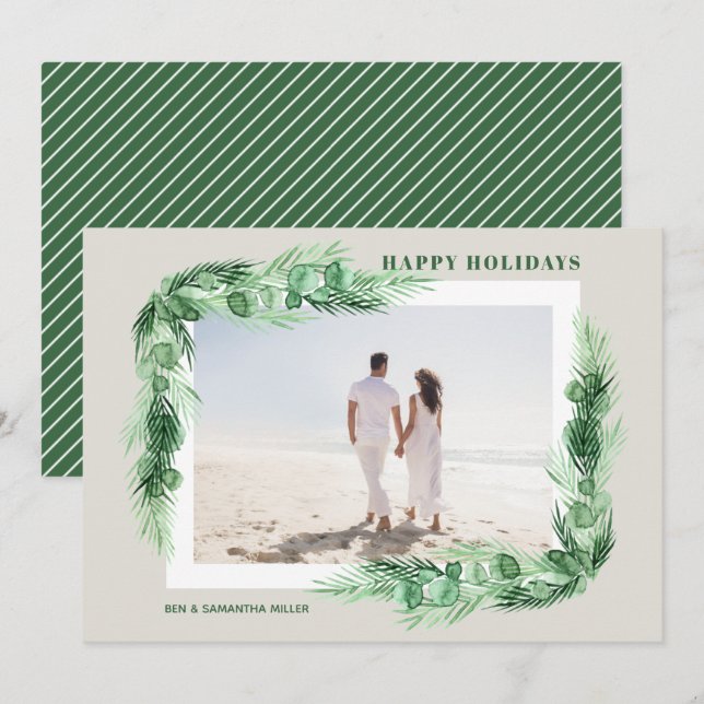 Watercolor Greenery Christmas Photo Happy Holiday Card (Front/Back)