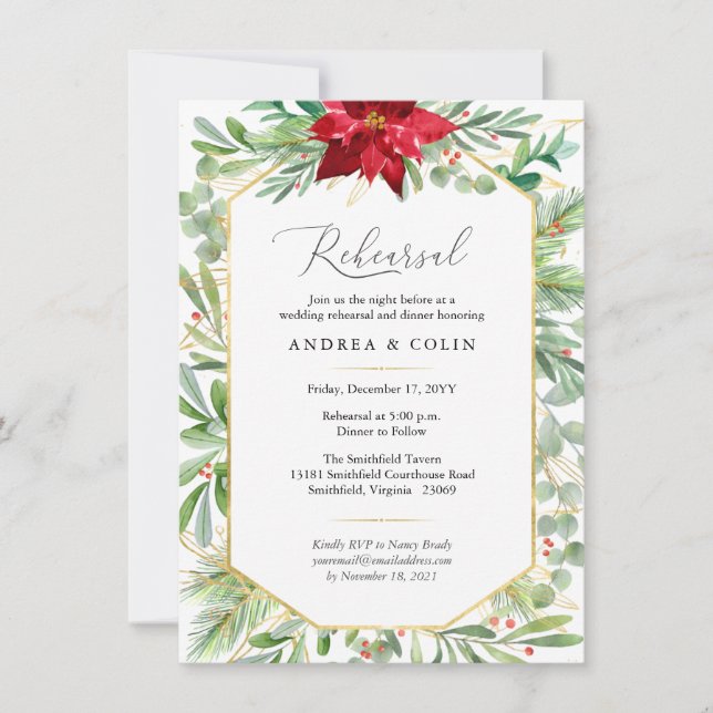 Watercolor Greenery Christmas Rehearsal Dinner Invitation (Front)