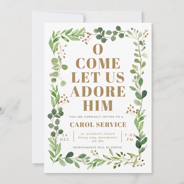 Watercolor Greenery Church Christmas Carol Service Invitation (Front)