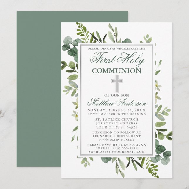 Watercolor Greenery Communion Silver Sage Green Invitation (Front/Back)