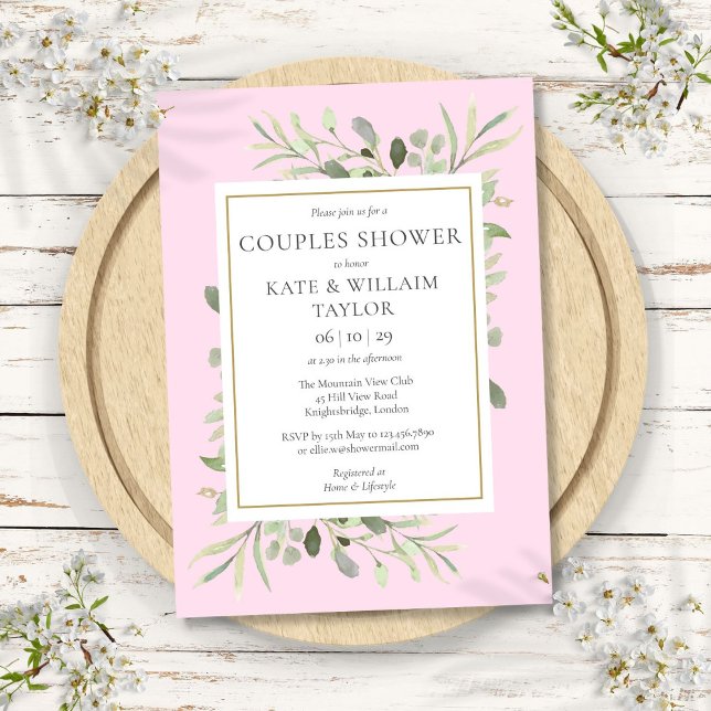 Watercolor Greenery Couples Pink Baby Girl Shower Invitation (Watercolor Greenery Couples Pink Baby Girl Shower Invitation)