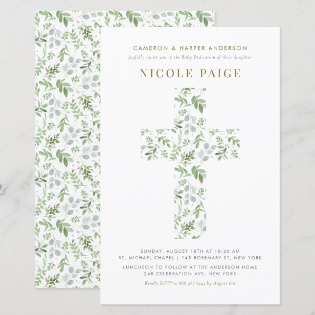 Watercolor Greenery Cross Baby Dedication Invite (Front/Back)