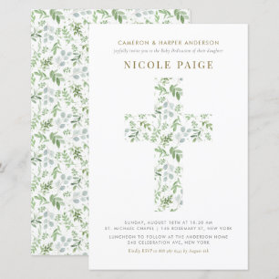 Watercolor Greenery Cross Baby Dedication Invite