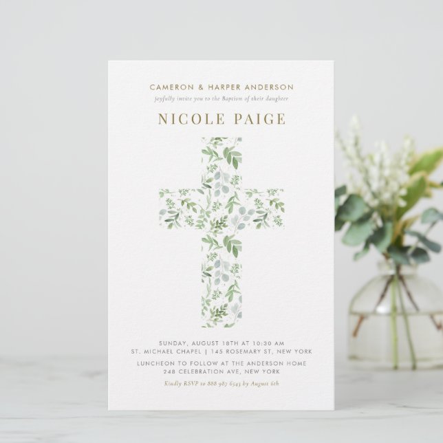 Watercolor Greenery Cross Baptism Invitation (Standing Front)