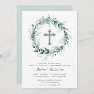 Watercolor Greenery Cross Communion Invitations