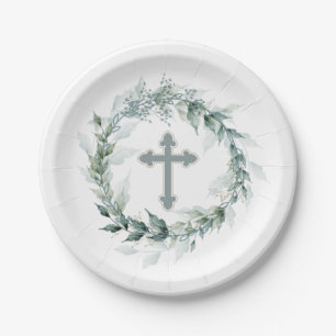 Watercolor Greenery Cross Communion Paper Plate