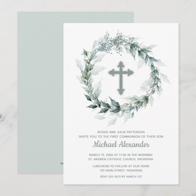 Watercolor Greenery Cross First Communion Invitation (Front/Back)