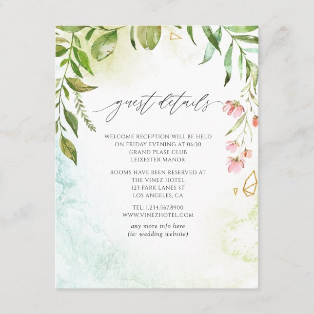 Watercolor Greenery Crystal Wedding Guest Details Enclosure Card (Front)
