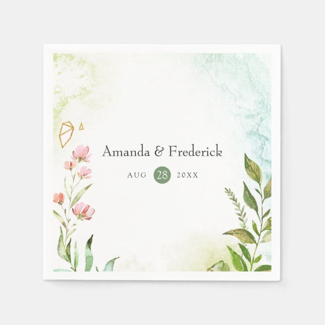 Watercolor Greenery Crystal Wedding Napkin (Front)