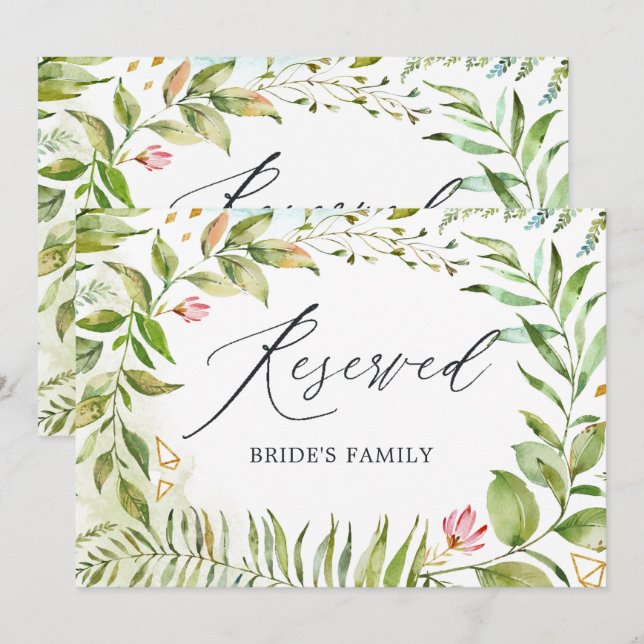 Watercolor Greenery Crystal Wedding Reserved Sign Invitation (Front/Back)