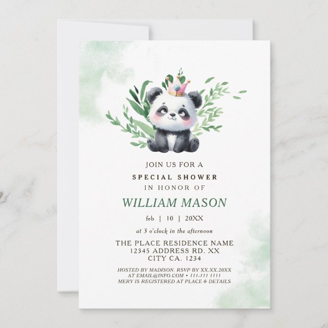 Watercolor Greenery Cute Panda Baby Boy Shower Invitation (Front)