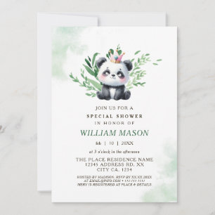 Watercolor Greenery Cute Panda Baby Boy Shower Invitation