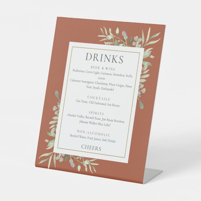 Watercolor Greenery Drinks Menu Terracotta Pedestal Sign (Front)