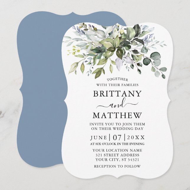 Watercolor Greenery Dusty Blue Bracket Invitation (Front/Back)