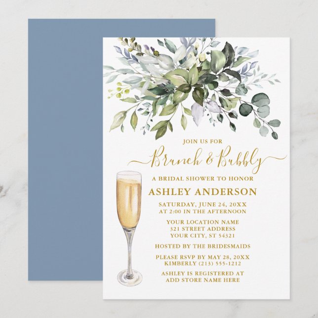 Watercolor Greenery Dusty Blue Brunch Bubbly Gold Invitation (Front/Back)