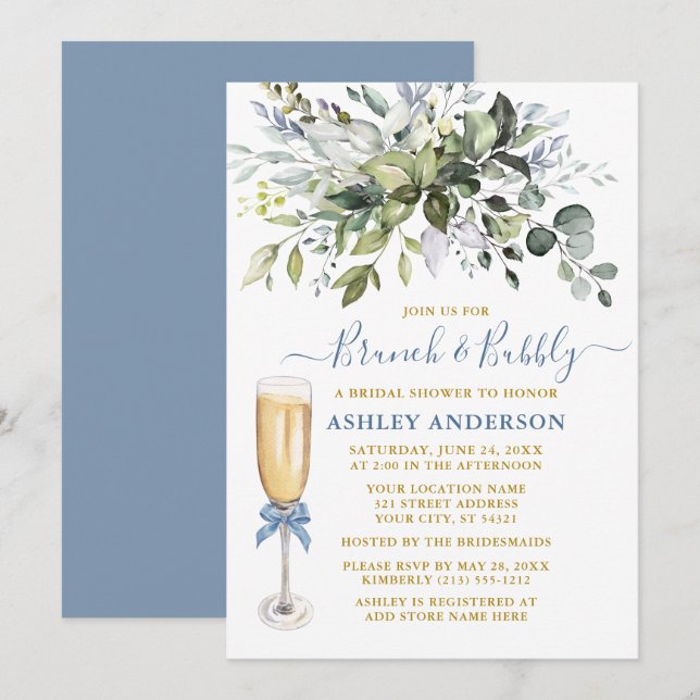 Watercolor Greenery Dusty Blue Brunch Bubbly Invitation (Front/Back)