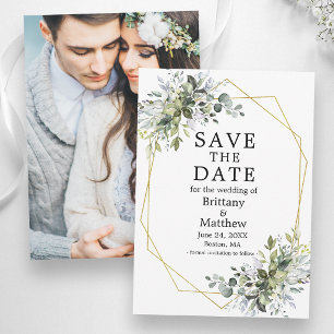 Watercolor Greenery Dusty Blue Geo Frame Photo Save The Date