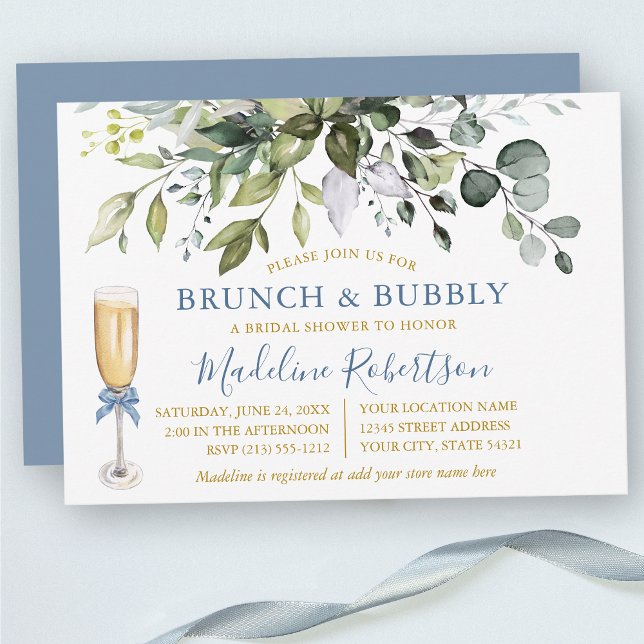 Watercolor Greenery Dusty Blue Gold Bridal Brunch Invitation (Customize to change text color, text style or color of back of card.)