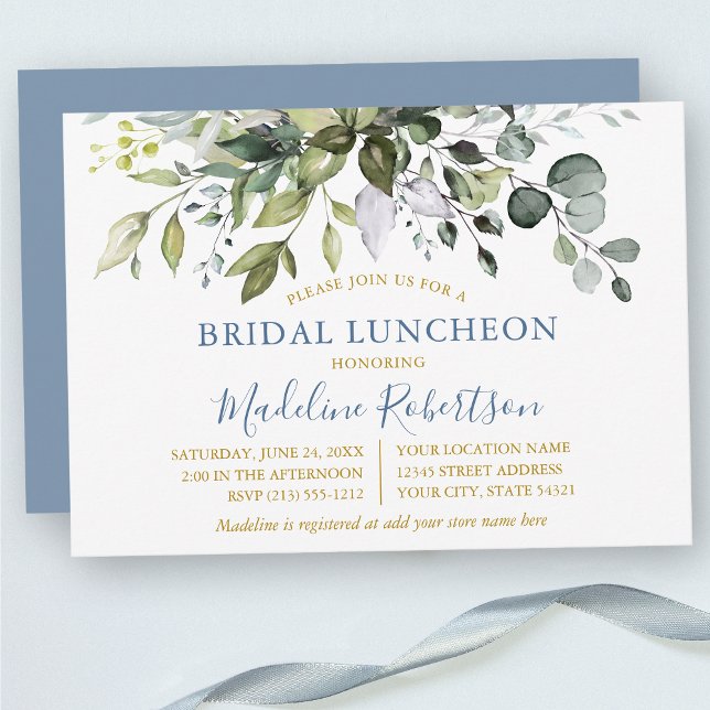 Watercolor Greenery Dusty Blue Gold Bridal Lunch Invitation (Customize to change text color, text style or color of back of card.)