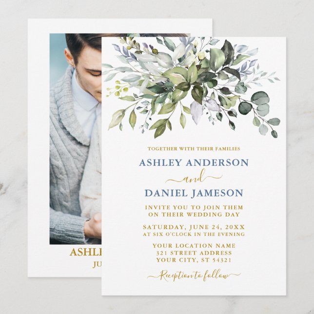 Watercolor Greenery Dusty Blue Gold Photo Wedding Invitation (Front/Back)