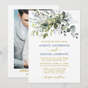 Watercolor Greenery Dusty Blue Gold Photo Wedding Invitation