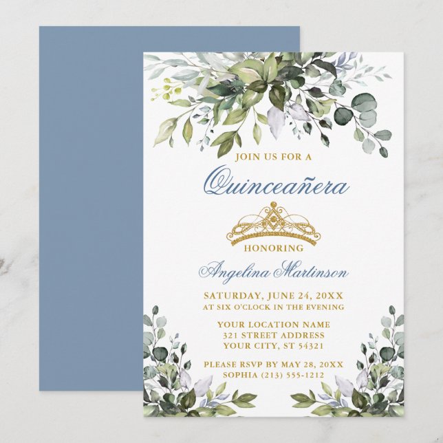 Watercolor Greenery Dusty Blue Gold Quinceañera Invitation (Front/Back)