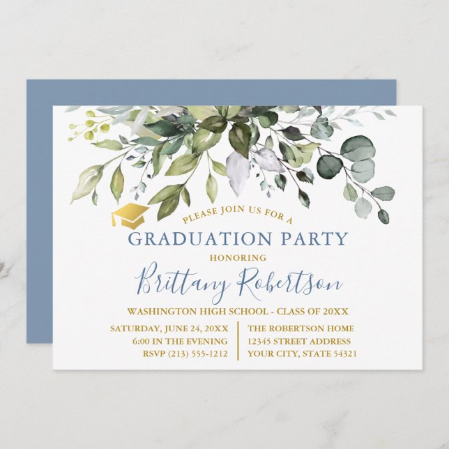 Watercolor Greenery Dusty Blue Graduation Party Invitation (Front/Back)