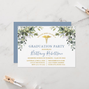 Watercolor Greenery Dusty Blue Medical Grad Party Invitation