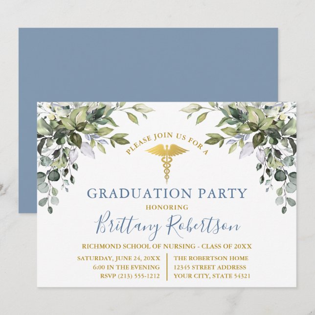 Watercolor Greenery Dusty Blue Medical Grad Party Invitation (Front/Back)