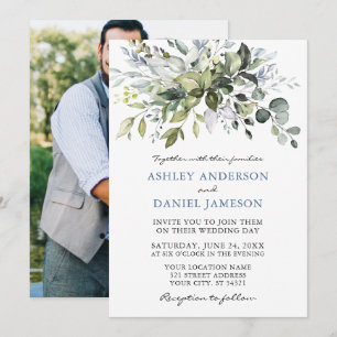 Watercolor Greenery Dusty Blue Photo Back Wedding Invitation