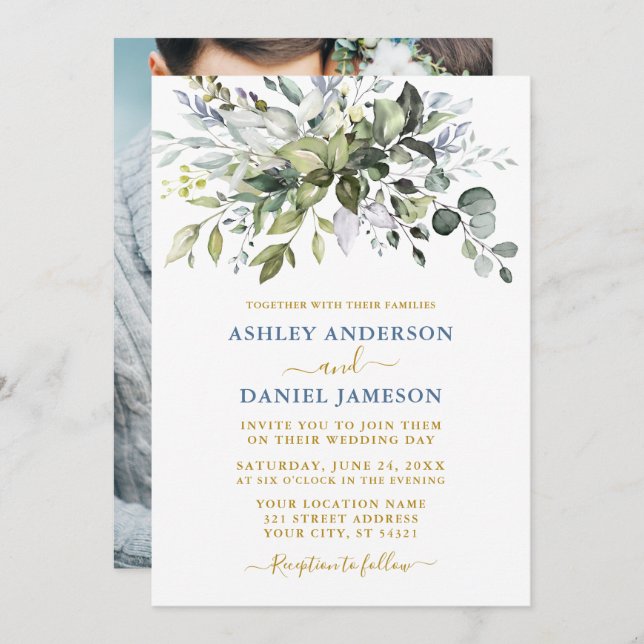 Watercolor Greenery Dusty Blue Photo Gold Wedding Invitation (Front/Back)