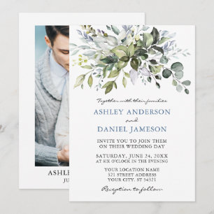 Watercolor Greenery Dusty Blue Photo Wedding Invitation