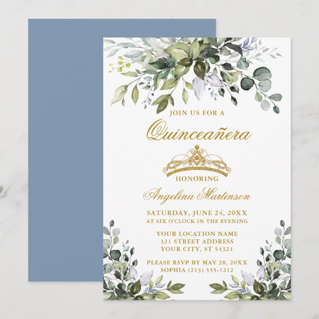 Watercolor Greenery Dusty Blue Quinceañera Gold Invitation (Front/Back)