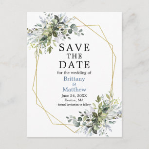 Watercolor Greenery Dusty Blue Save The Date Postcard