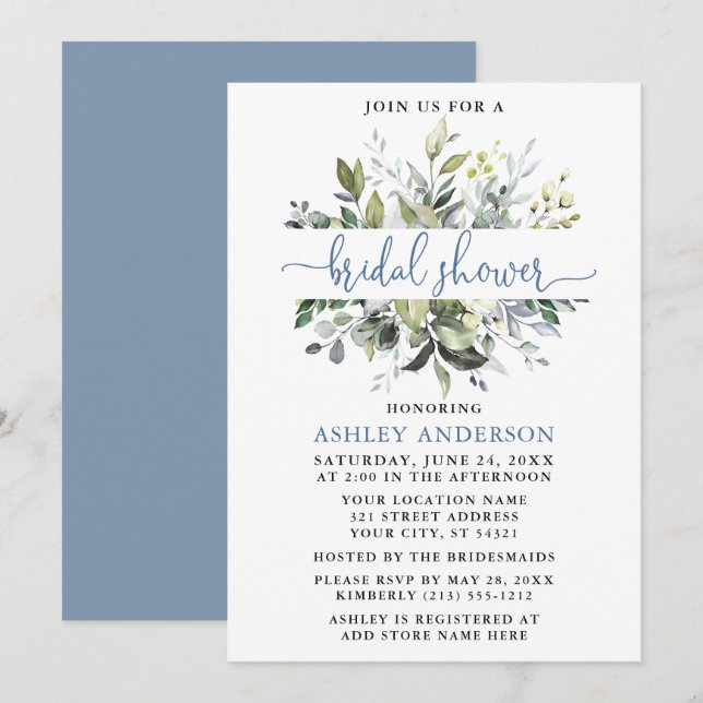 Watercolor Greenery Dusty Blue Script Shower Invitation (Front/Back)