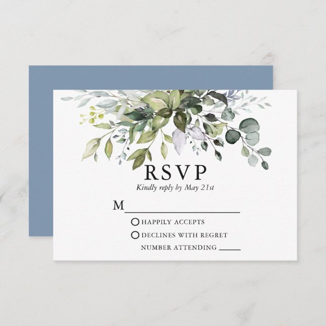 Watercolor Greenery Dusty Blue Wedding RSVP Card (Front/Back)