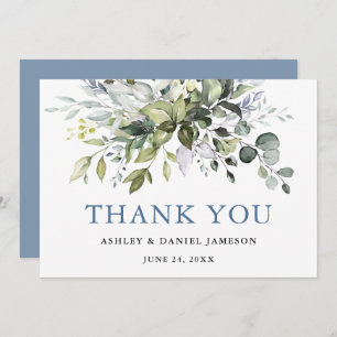 Watercolor Greenery Dusty Blue Wedding Thank You Card