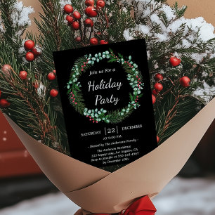 Watercolor Greenery Elegant Black Christmas Party  Invitation