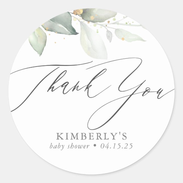Watercolor Greenery Elegant Calligraphy Thank You Classic Round Sticker (Front)