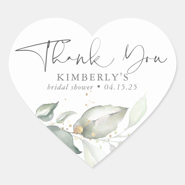 Watercolor Greenery Elegant Calligraphy Thank You Heart Sticker (Front)