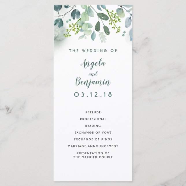 Watercolor Greenery Elegant Wedding Programs Programme (Front)