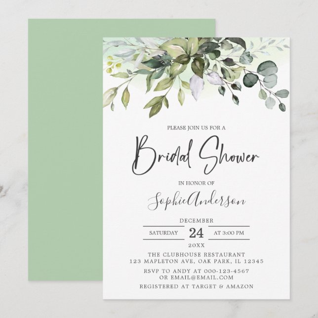 Watercolor Greenery Eucalyptus Bridal Shower Invitation (Front/Back)