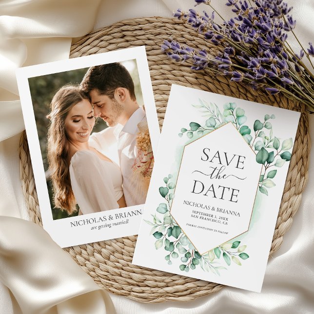 Watercolor Greenery Eucalyptus Elegant Photo Save The Date (Creator Uploaded)