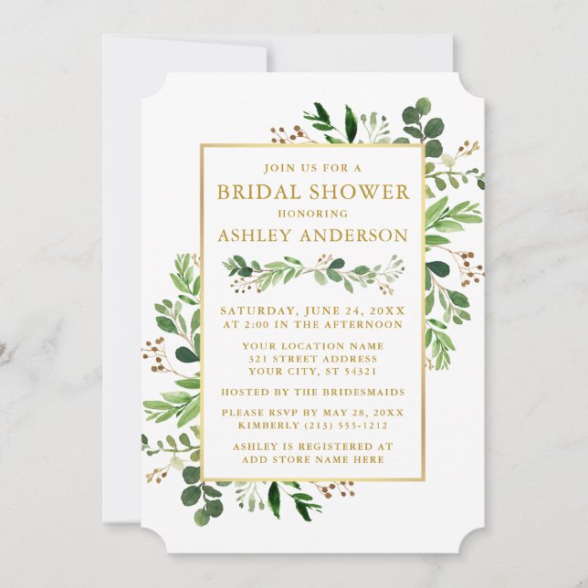 Watercolor Greenery Eucalyptus Gold Bridal Shower Invitation (Front)