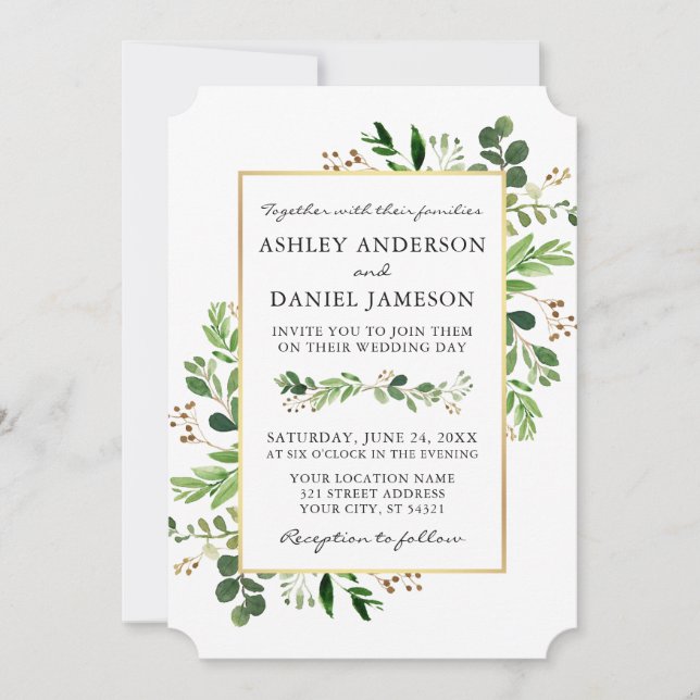 Watercolor Greenery Eucalyptus Gold Frame Wedding Invitation (Front)