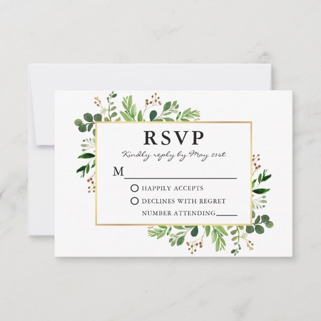 Watercolor Greenery Eucalyptus Gold Frame Wedding RSVP Card (Front)