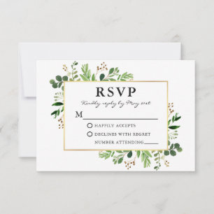 Watercolor Greenery Eucalyptus Gold Frame Wedding RSVP Card